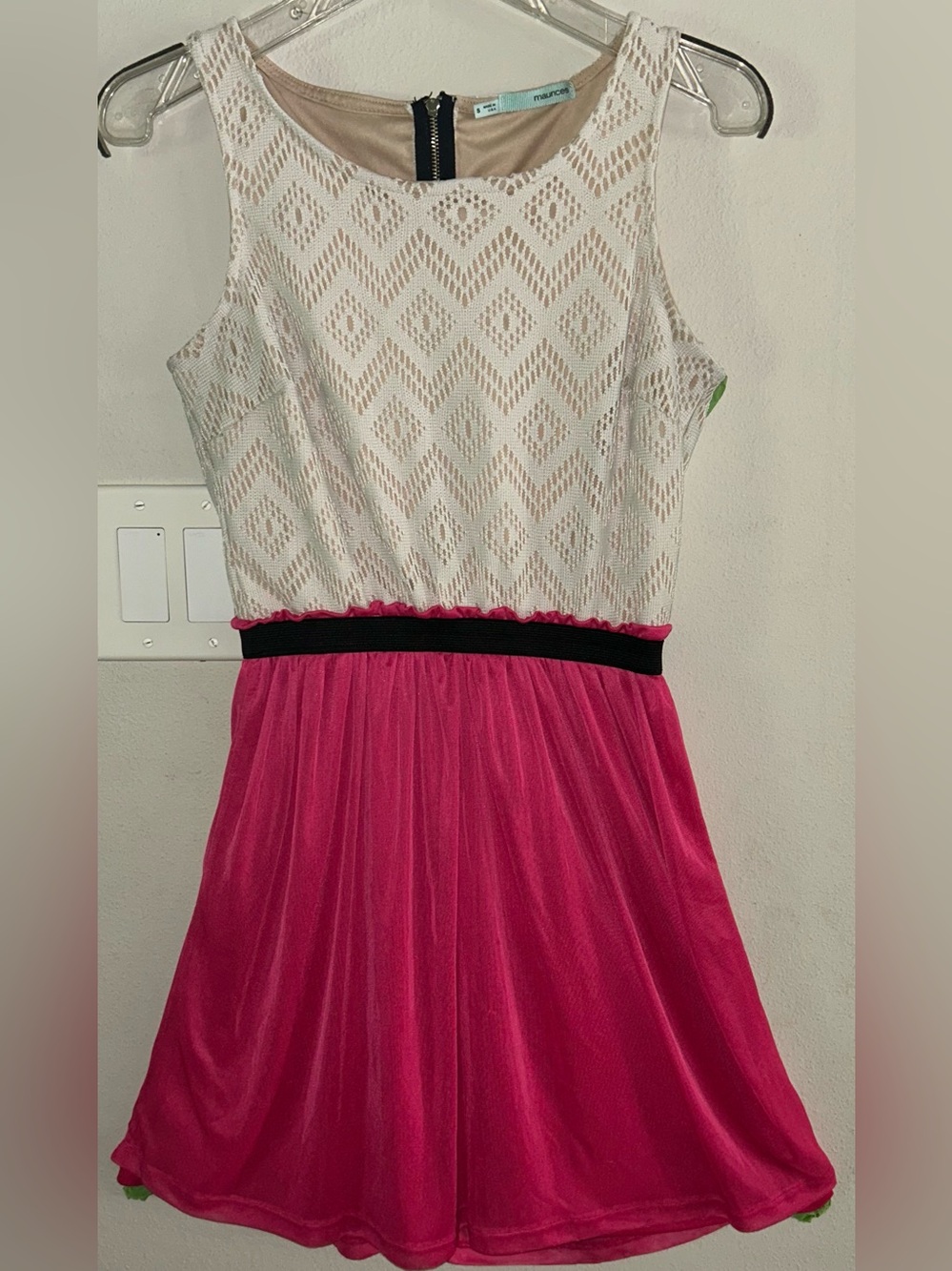 Maurices White Lace Pink Pleated Skirt Fit & Flare Dress Size S Sleeveless Mini